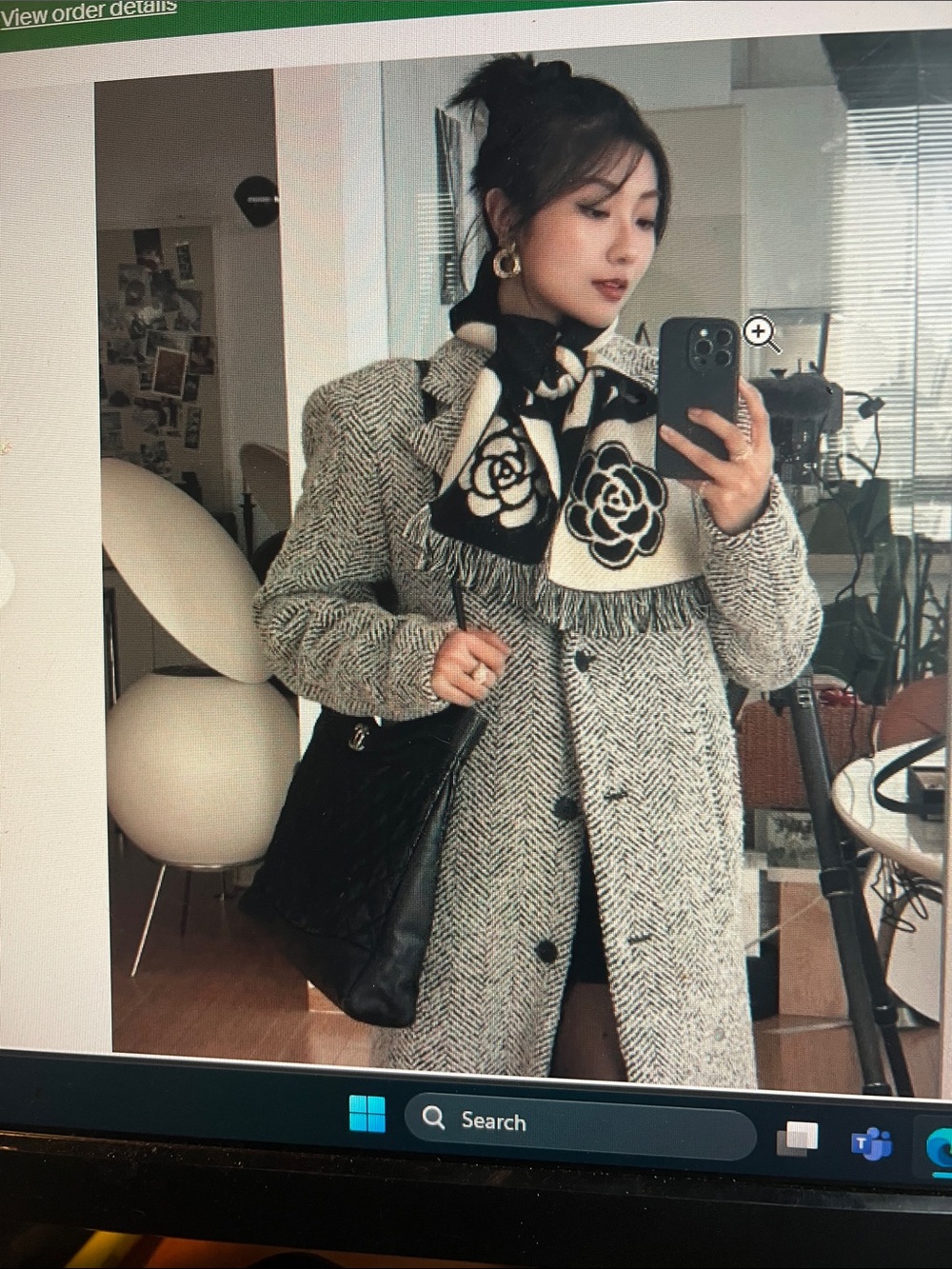 CHANEL Black & White Camellia Intarsia Cashmere Wool Scarf
